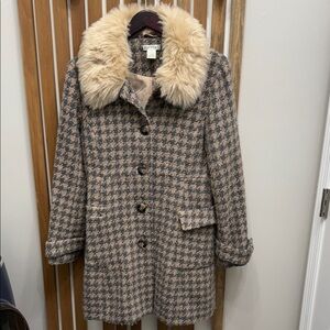 Orvis Houndstooth Pea Coat with Faux Fur Collar